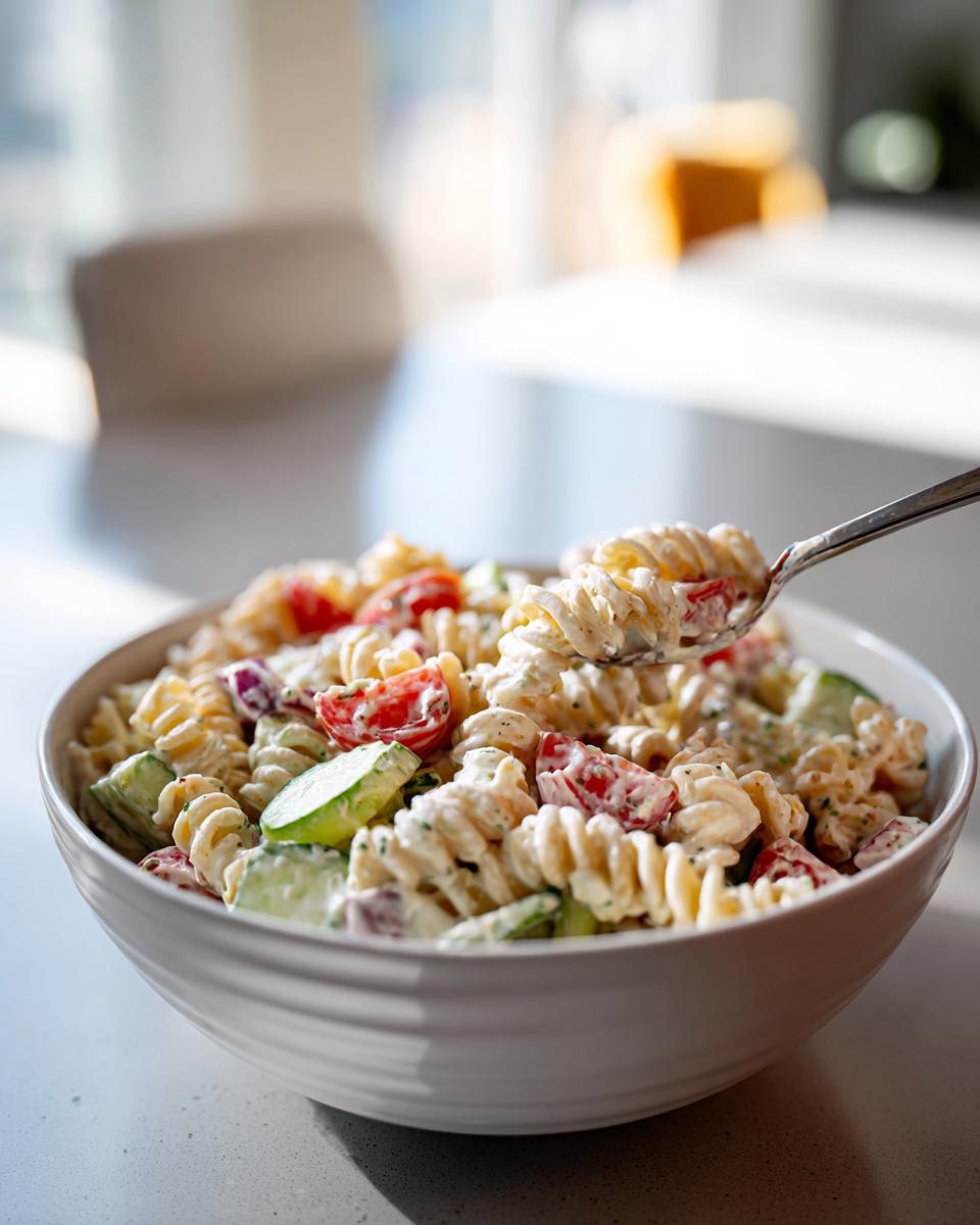 Close-up of a bowl filled with pasta salad classic with tomatoes, cucumbers, and creamy dressing.