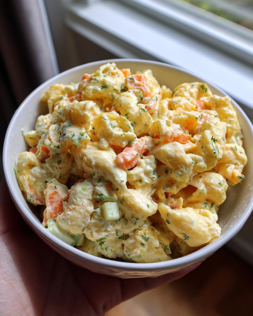 Close-up of a bowl filled with delicious pasta salad classic, featuring pasta, carrots, and herbs.