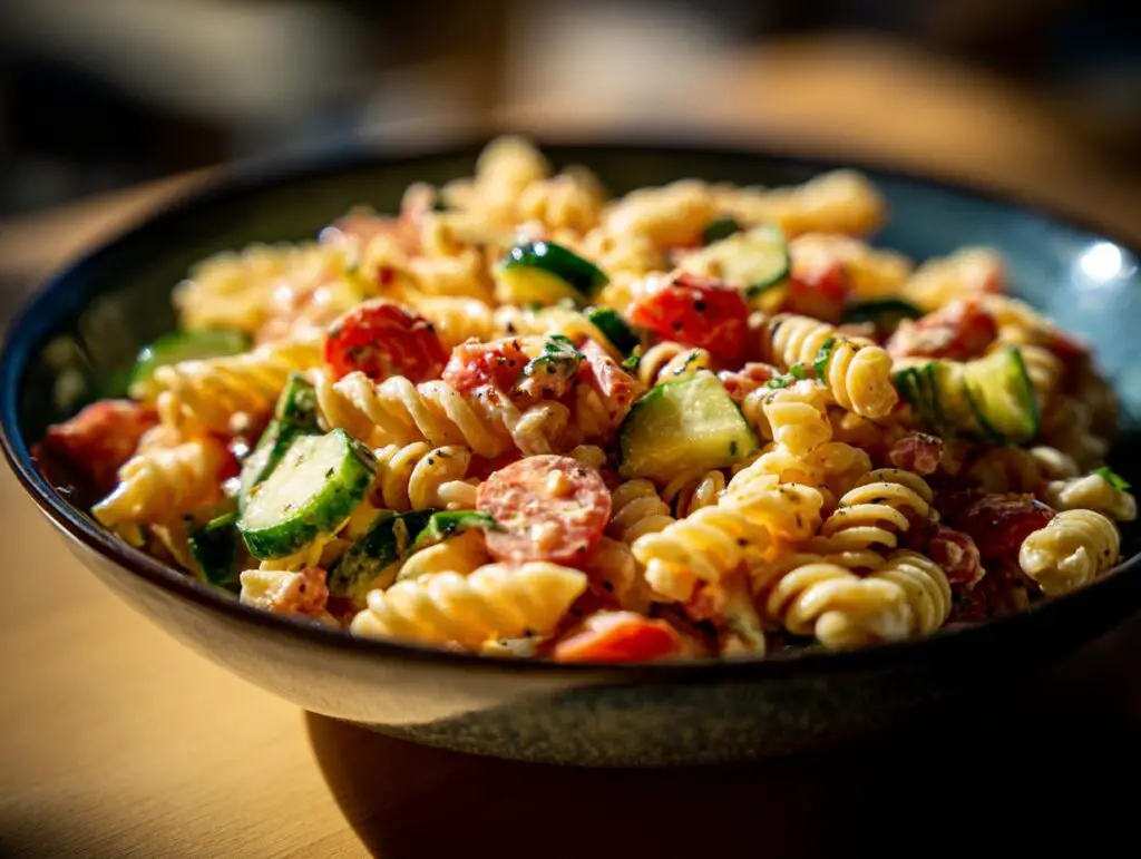 Close-up of a pasta salad classic with tomatoes and zucchini, a perfect pasta salad classic.