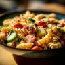Close-up of a pasta salad classic with tomatoes and zucchini, a perfect pasta salad classic.