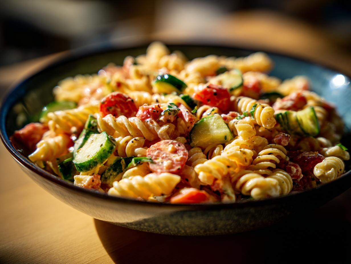 Close-up of a pasta salad classic with tomatoes and zucchini, a perfect pasta salad classic.