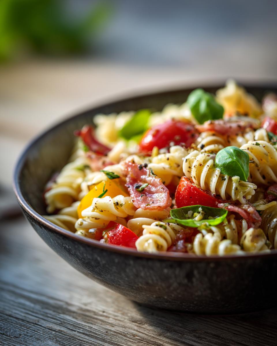 Close-up of a bowl of pasta salad classic with tomatoes, basil, and bacon.