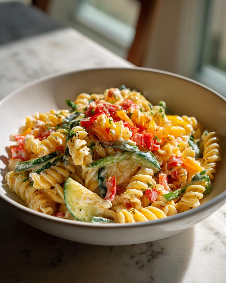 Close-up of a pasta salad classic in a white bowl with vegetables and creamy dressing.