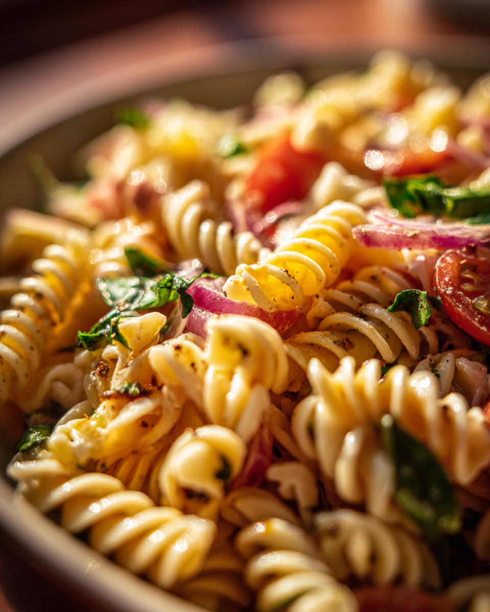 Close-up of a pasta salad classic with fusilli pasta, tomatoes, red onion, and herbs.