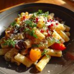 Close-up of a pasta salad classic with tomatoes, herbs, and cheese.