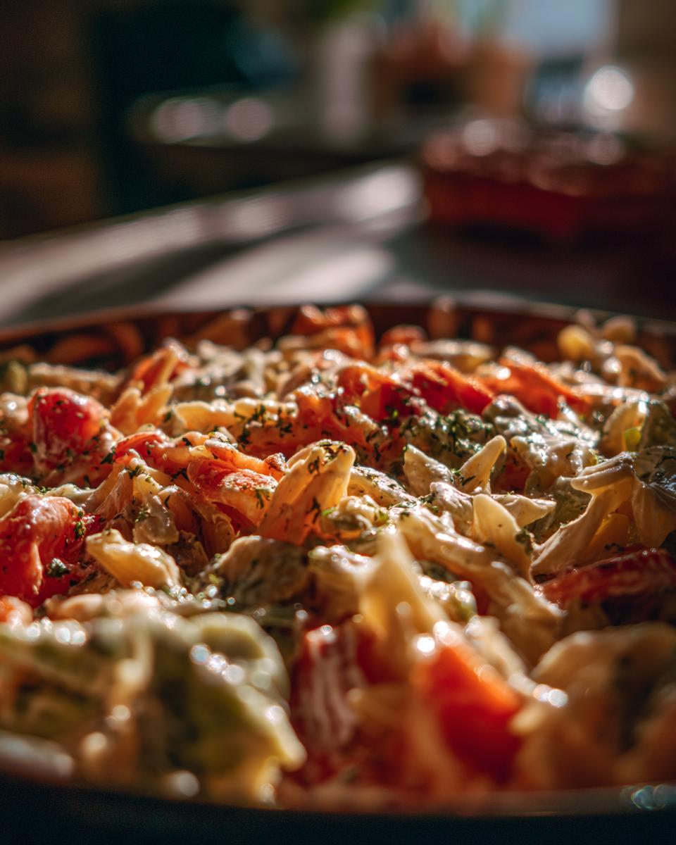 Close-up of a pasta salad classic with fusilli pasta, tomatoes, red onion, and herbs.