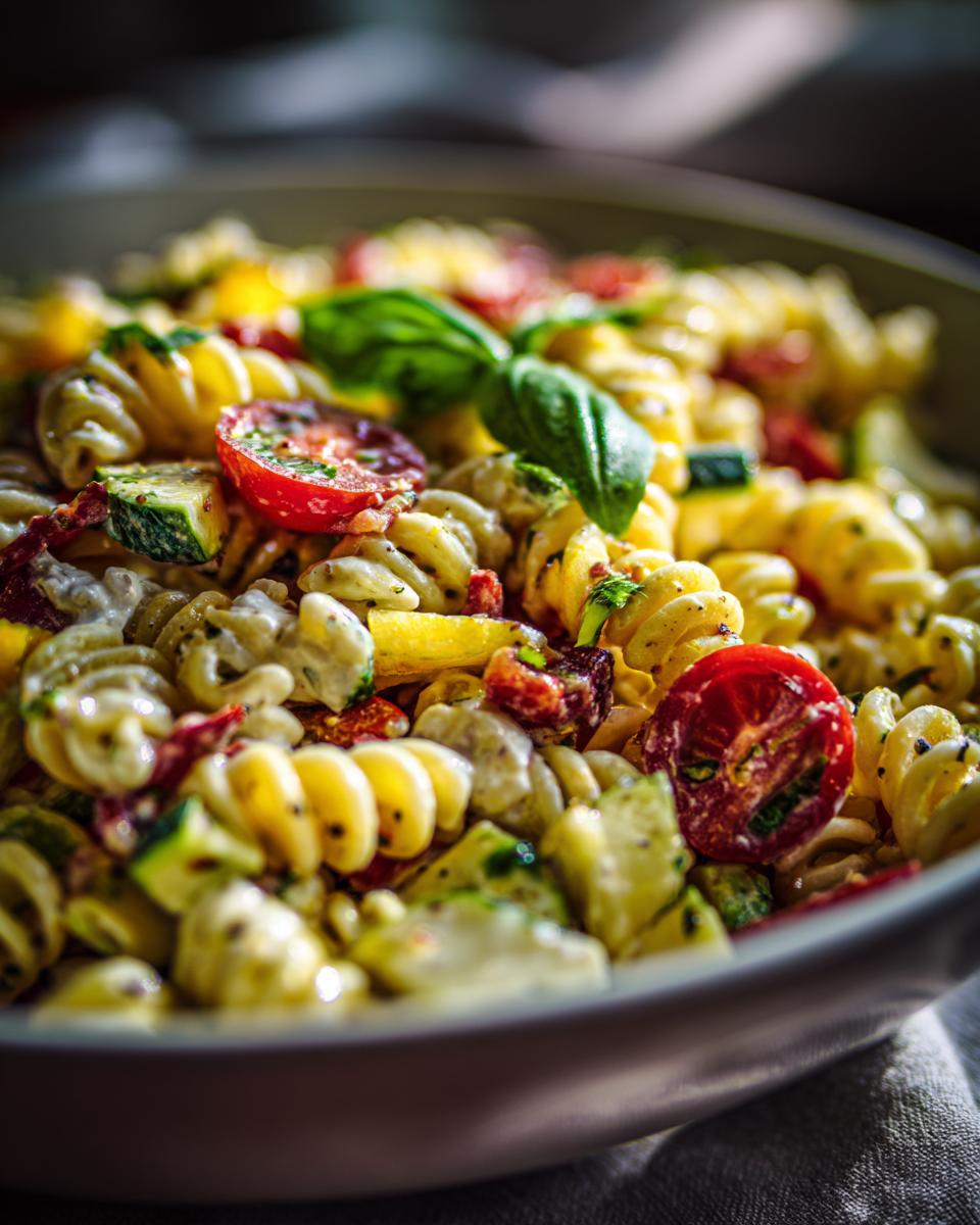 Close-up of a bowl of pasta salad classic with penne pasta, tomatoes, and herbs.