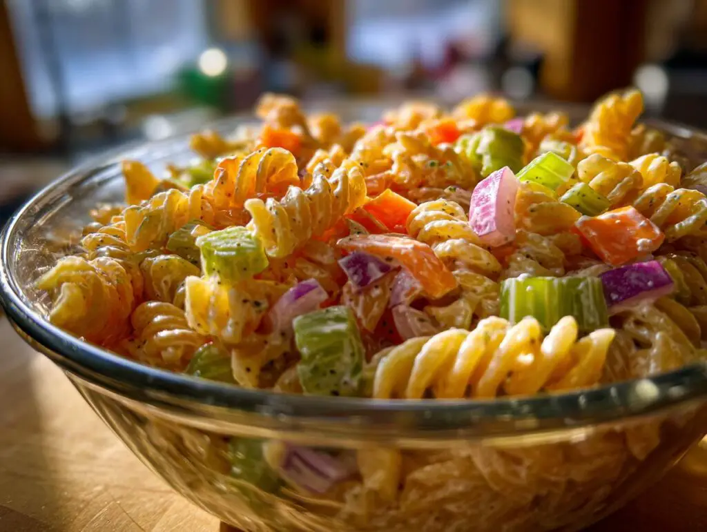 Close-up of a delicious pasta salad classic with rotini pasta, vegetables, and creamy dressing.