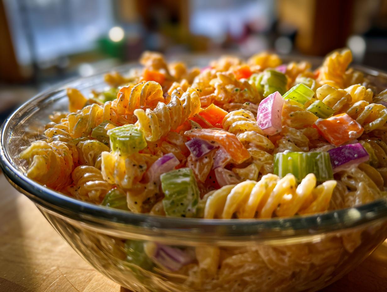 Perfect Pasta Salad Classic: 5 Easy Steps 6 Close-up of a delicious pasta salad classic with rotini pasta, vegetables, and creamy dressing.