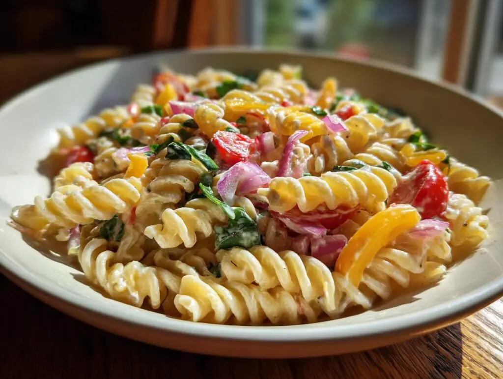Close-up of a creamy pasta salad classic with rotini pasta, tomatoes, peppers, and onions.
