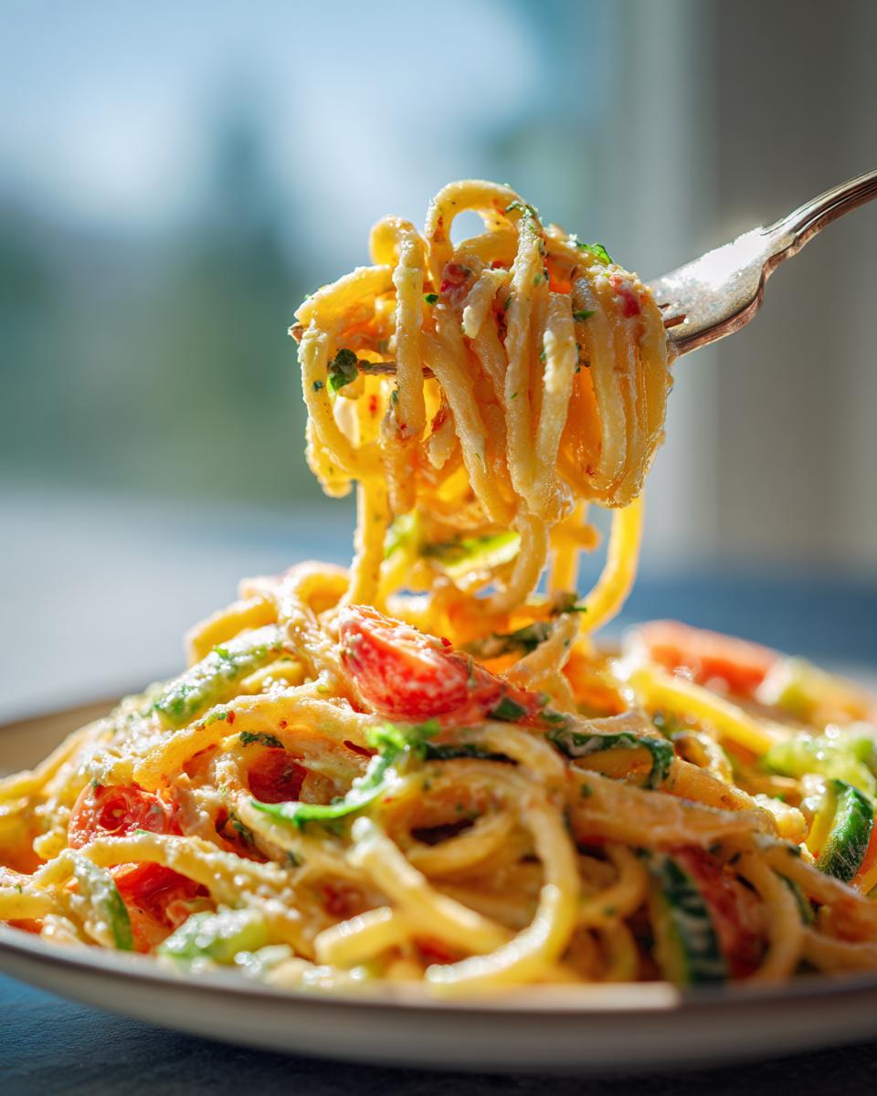 Close-up of pasta salad classic on a fork, showing the creamy sauce and fresh vegetables.