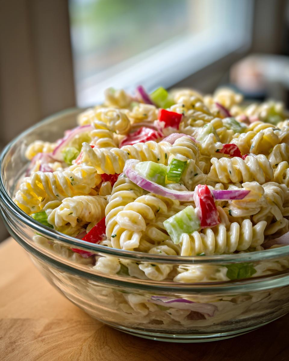 Perfect Pasta Salad Classic: 5 Easy Steps 10 Close-up of a classic pasta salad in a glass bowl with rotini pasta, vegetables, and creamy dressing. This is a pasta salad classic.