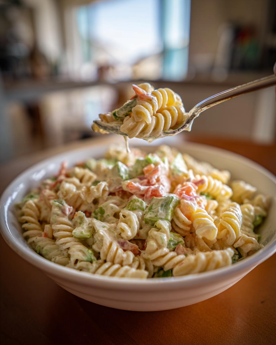 Close-up of a spoonful of creamy pasta salad classic, showing pasta and vegetables.