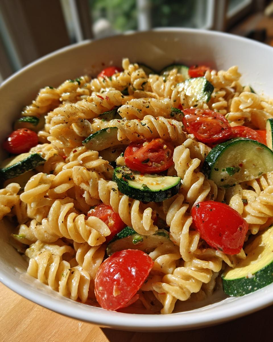Close-up of a bowl of pasta salad classic with tomatoes, zucchini, and herbs.
