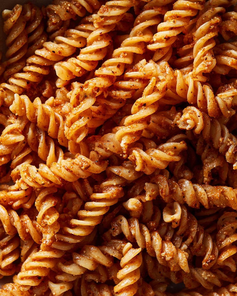 Close-up of cooked fusilli pasta coated in sauce, essential for how do you make pasta salad.