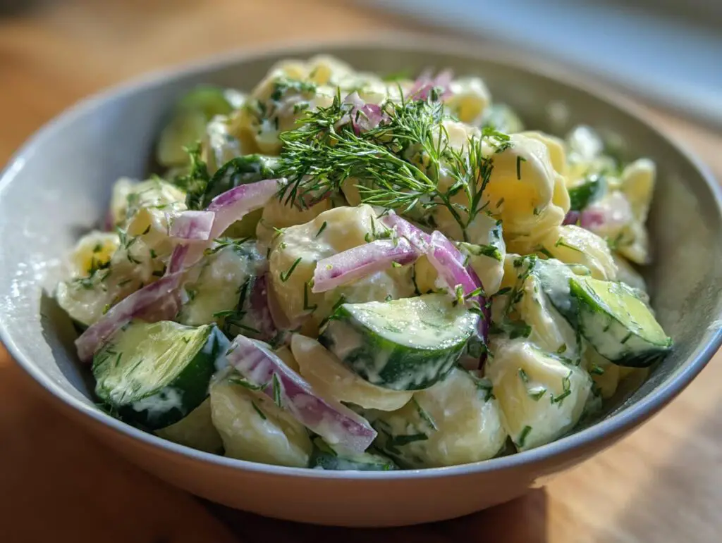 Close-up of a pasta salad cucumber with pasta shells, cucumber slices, red onion, and dill.