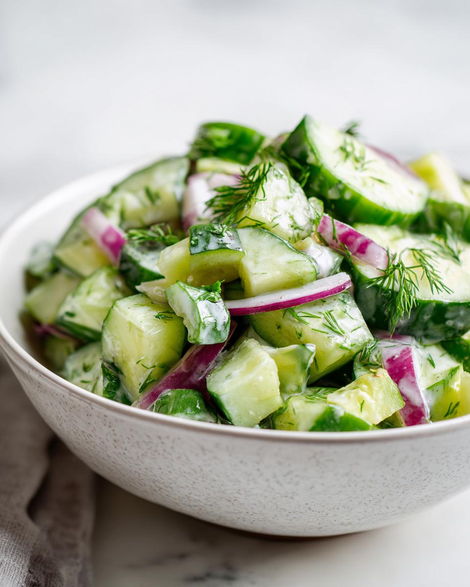 Amazing Pasta Salad Cucumber: 1 Cool Bite 8 Close-up of a bowl of pasta salad cucumber with red onion and fresh dill.