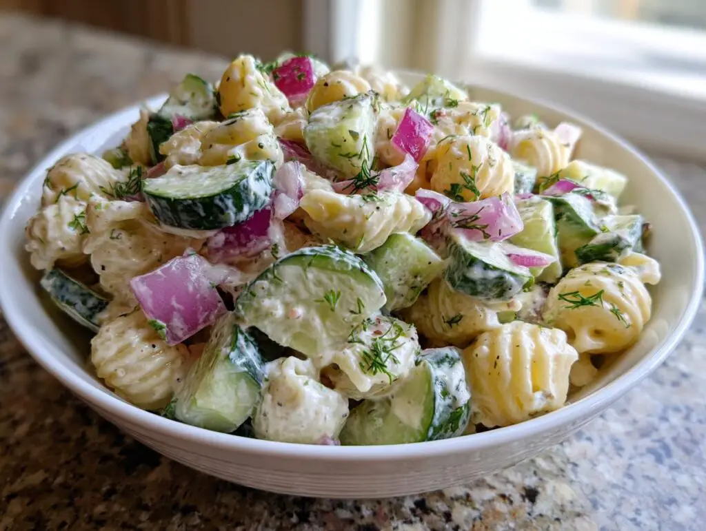 Close-up of a bowl of pasta salad cucumber, with pasta, cucumber, red onion, and dill.