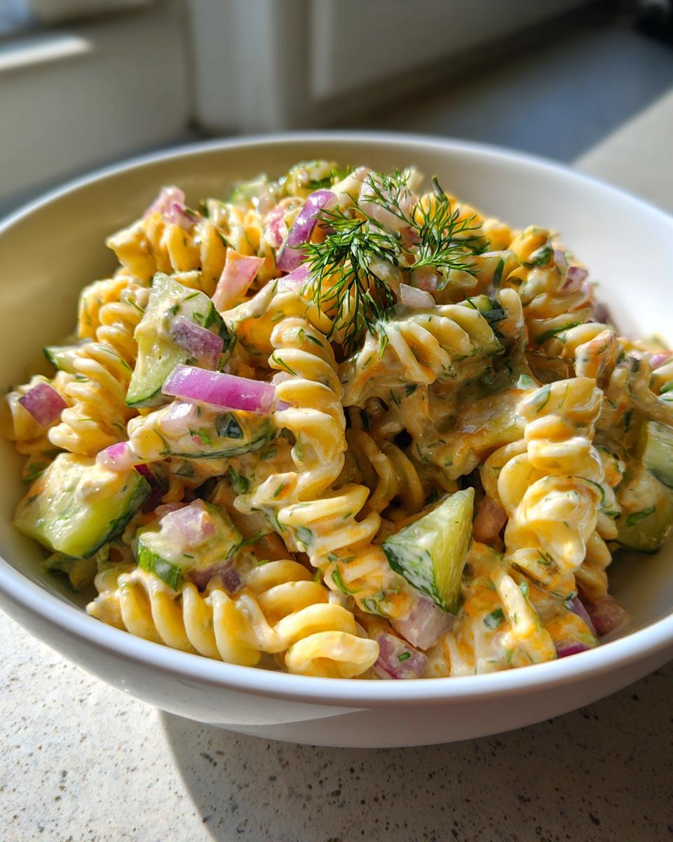 Close-up of a creamy pasta salad cucumber with red onion and dill in a white bowl.
