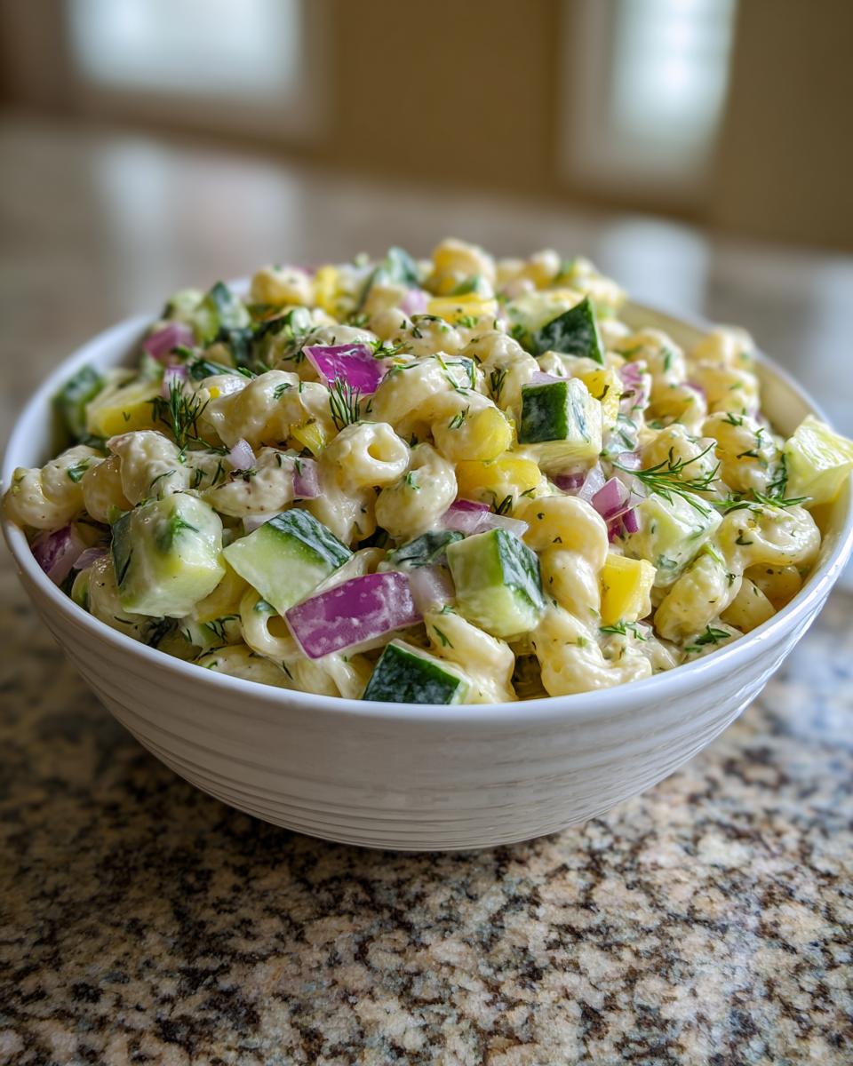 Close-up of a bowl of pasta salad cucumber with fresh ingredients.