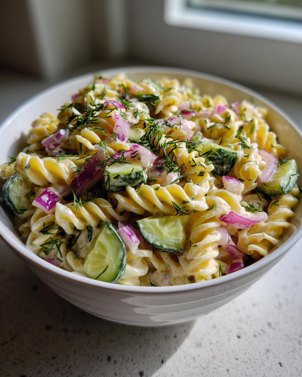 Close-up of a bowl of pasta salad cucumber with red onion and fresh dill.