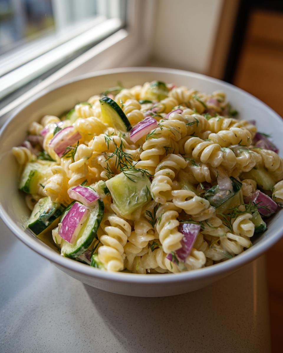 Close-up of a bowl of pasta salad cucumber with spiral pasta, cucumber, red onion, and dill.