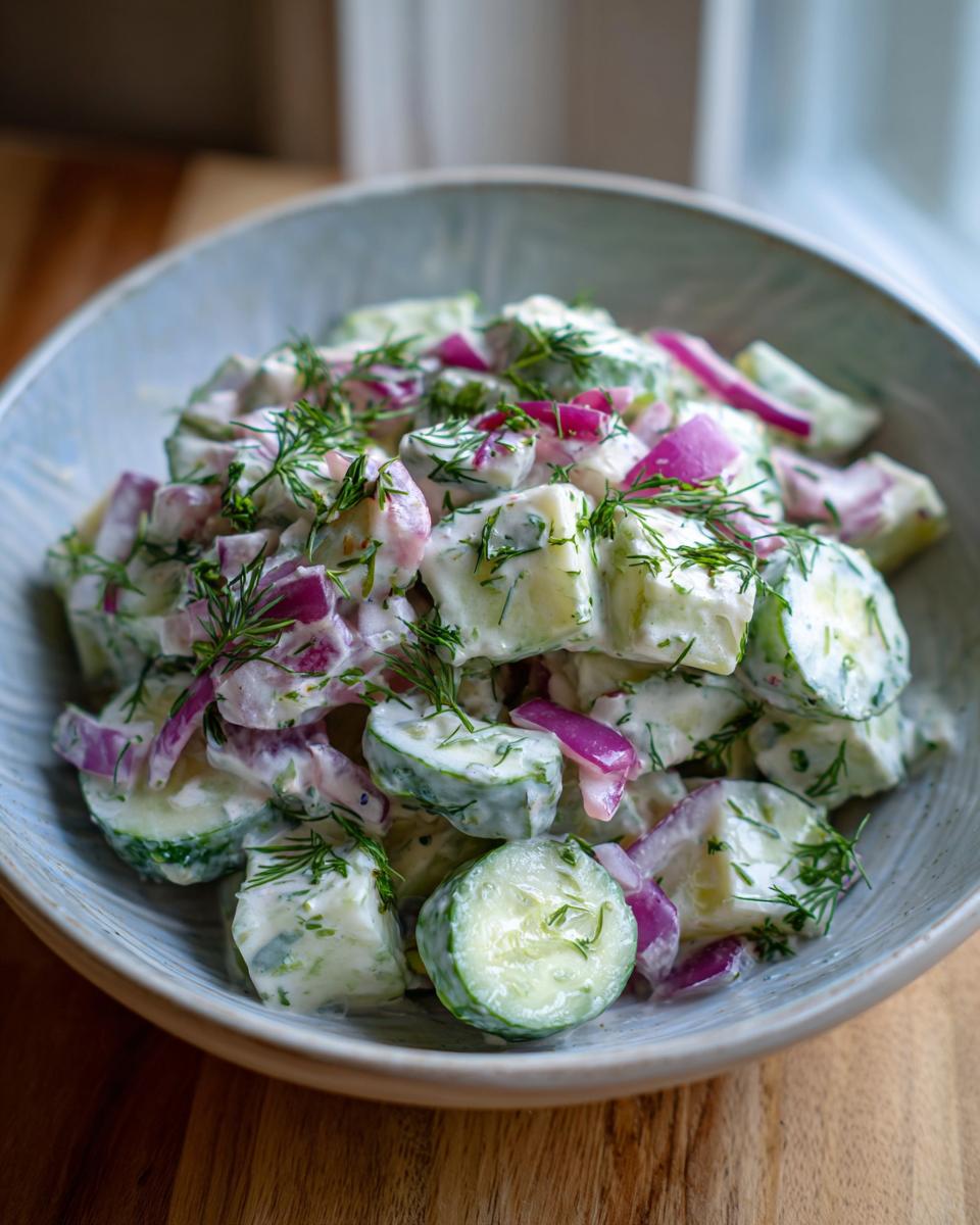 Amazing Pasta Salad Cucumber: 1 Cool Bite 7 Close-up of a bowl of creamy pasta salad cucumber with red onion and dill.