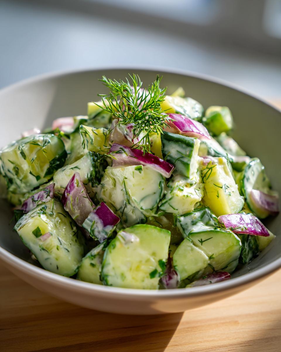 Amazing Pasta Salad Cucumber: 1 Cool Bite 9 Close-up of a creamy pasta salad cucumber with red onion and fresh dill.
