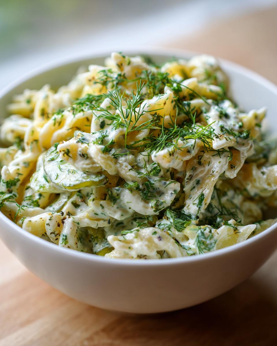 Amazing Pasta Salad Dill Pickle: 1 Delicious Bite 7 Close-up of creamy pasta salad dill pickle in a white bowl, garnished with fresh dill.