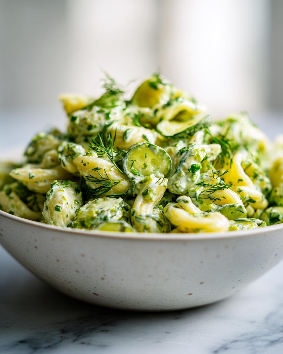 Amazing Pasta Salad Dill Pickle: 1 Delicious Bite 8 Close-up of creamy pasta salad dill pickle in a white bowl, garnished with fresh dill.