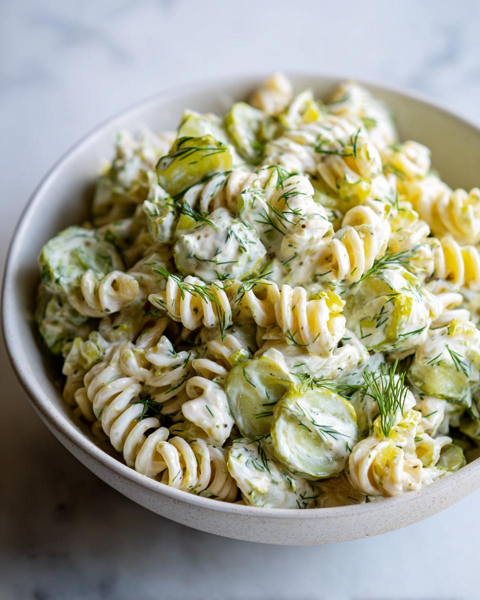 Amazing Pasta Salad Dill Pickle: 1 Delicious Bite 9 Close-up of a bowl of pasta salad dill pickle, featuring pasta, pickles, and creamy dressing.