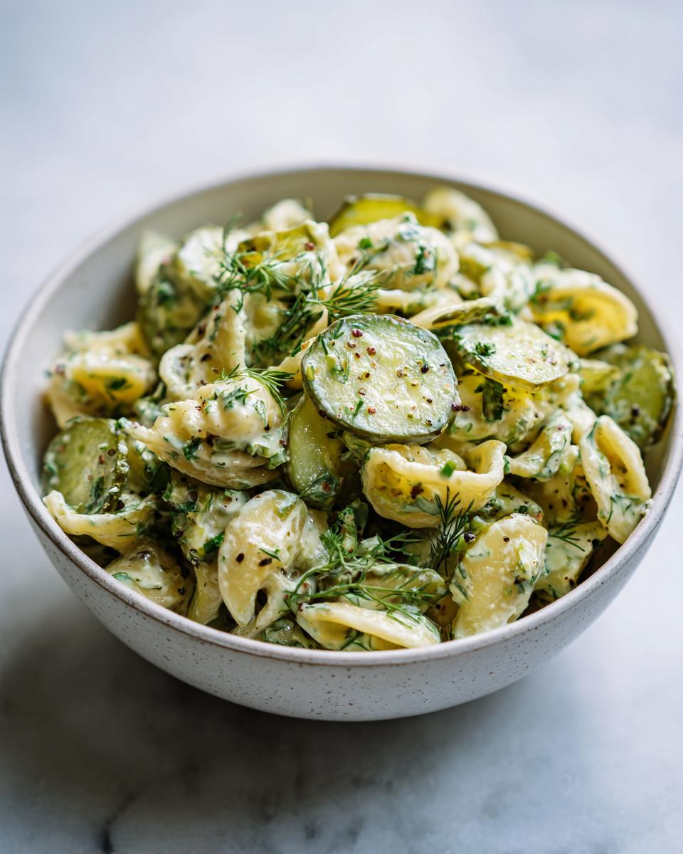 Amazing Pasta Salad Dill Pickle: 1 Delicious Bite 10 Close-up of creamy pasta salad dill pickle in a white bowl, garnished with fresh dill.