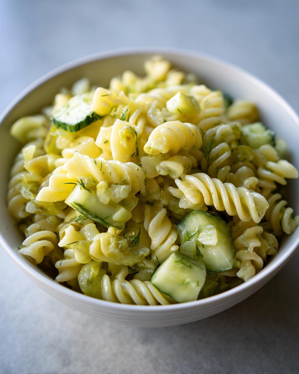 Close-up of pasta salad dill pickle in a white bowl, showing pasta, cucumber, and dill.