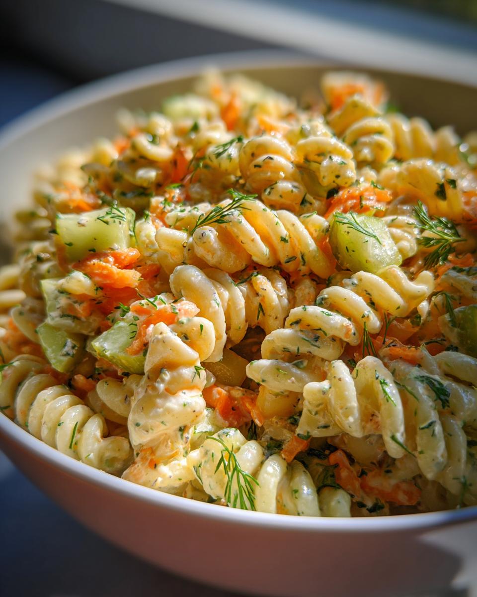 Close-up of a creamy pasta salad dill pickle with carrots, cucumbers, and fresh dill.