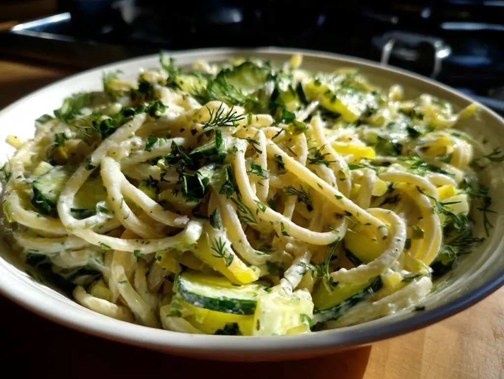 Close-up of a bowl of pasta salad dill pickle with fresh dill and cucumber, a refreshing summer dish.