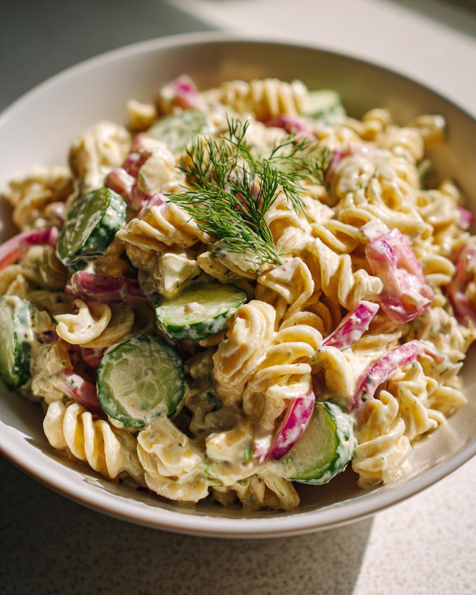 Close-up of creamy pasta salad dill pickle with cucumber, red onion, and fresh dill.