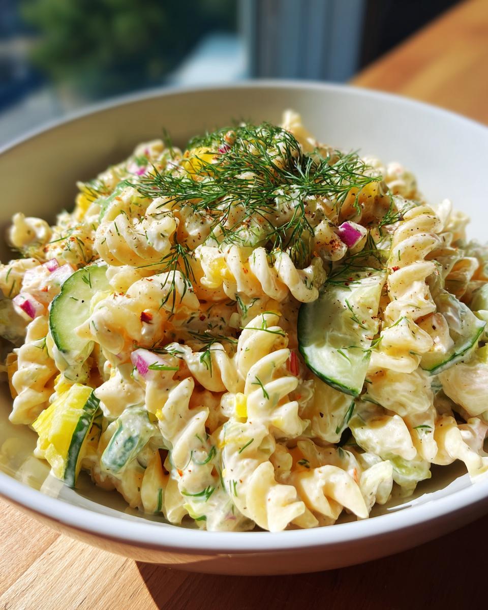 Close-up of a bowl of pasta salad dill pickle with cucumber, red onion, and fresh dill.