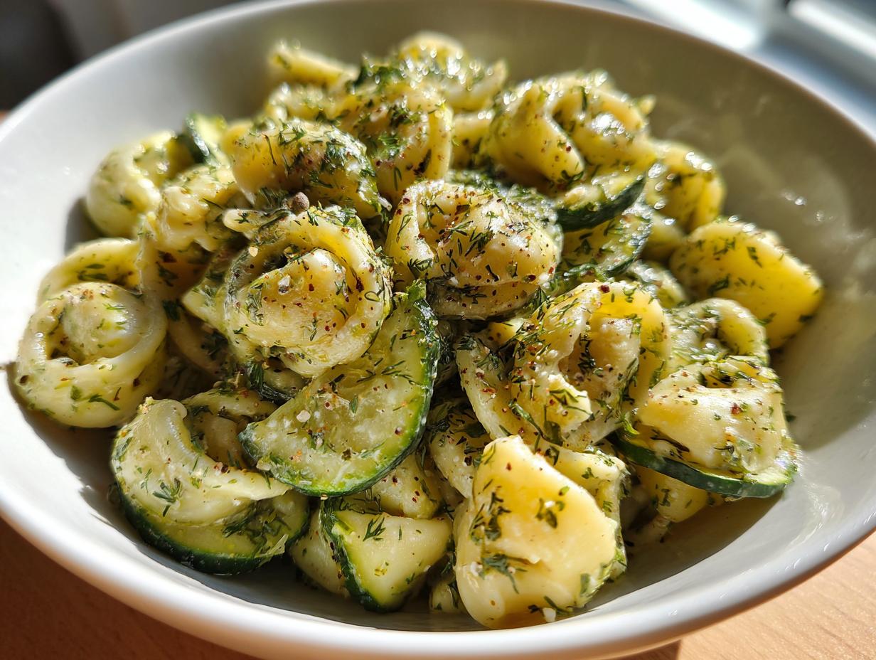 Close-up of a creamy pasta salad dill pickle with zucchini and fresh dill, a flavor bomb.