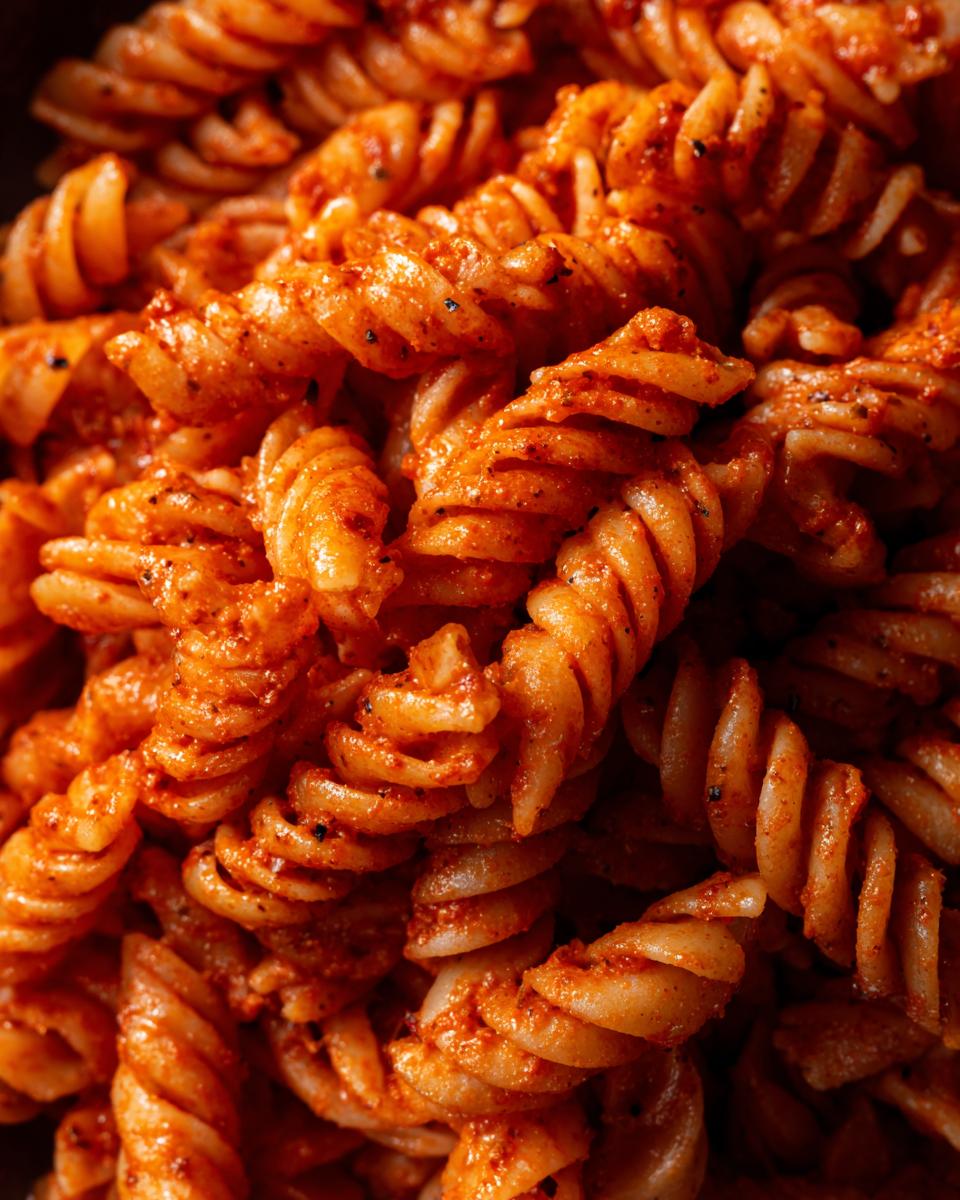 Close-up of fusilli pasta coated in a vibrant red pasta salad dressing.