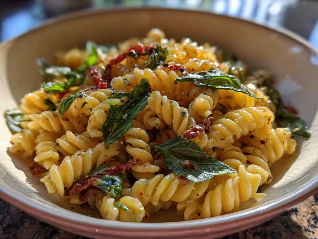 Close-up of pasta salad with dressing, basil, and sun-dried tomatoes. Perfect pasta salad dressing recipe.