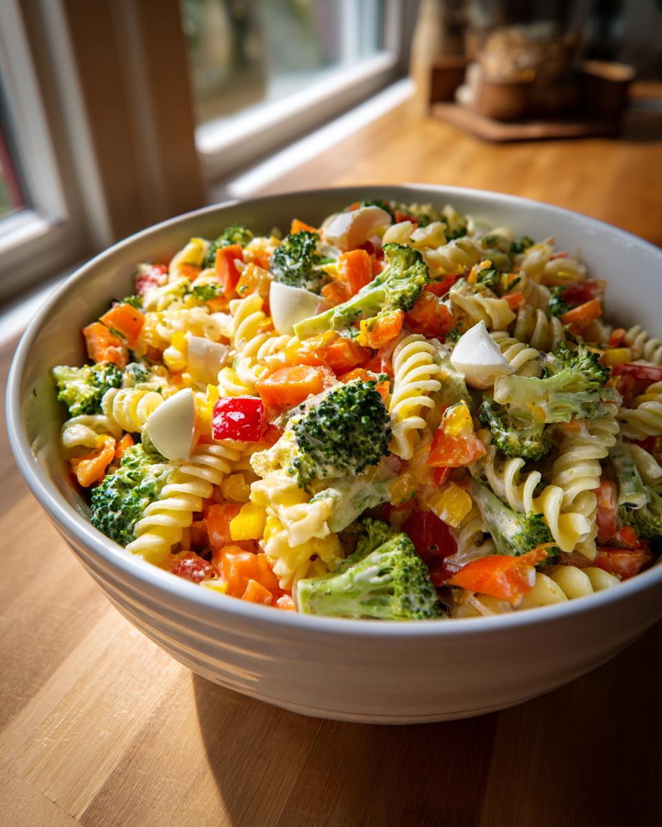 Bold Pasta Salad Easter: 1 Sunshine Bowl 9 A colorful bowl of pasta salad Easter with vegetables, eggs, and creamy dressing.