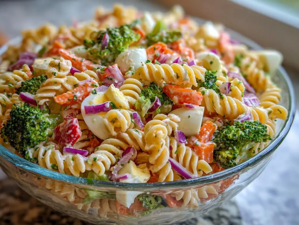 Close-up of a vibrant pasta salad Easter with rotini pasta, vegetables, and eggs in a glass bowl.