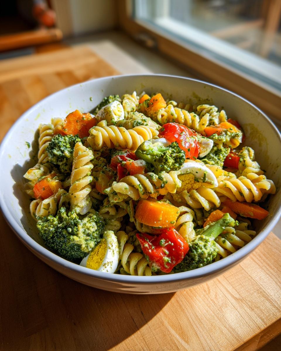 Bold Pasta Salad Easter: 1 Sunshine Bowl 10 A vibrant bowl of pasta salad for Easter, with vegetables and eggs.