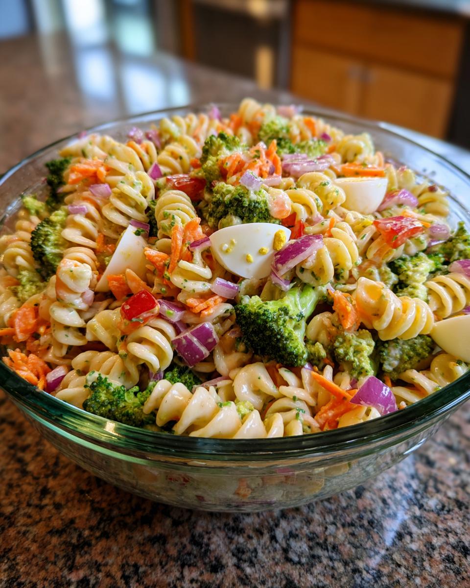 Amazing Pasta Salad Easter: 100% Delicious Flavor 8 A large bowl of pasta salad easter with rotini pasta, broccoli, carrots, red onion, and hard-boiled eggs.