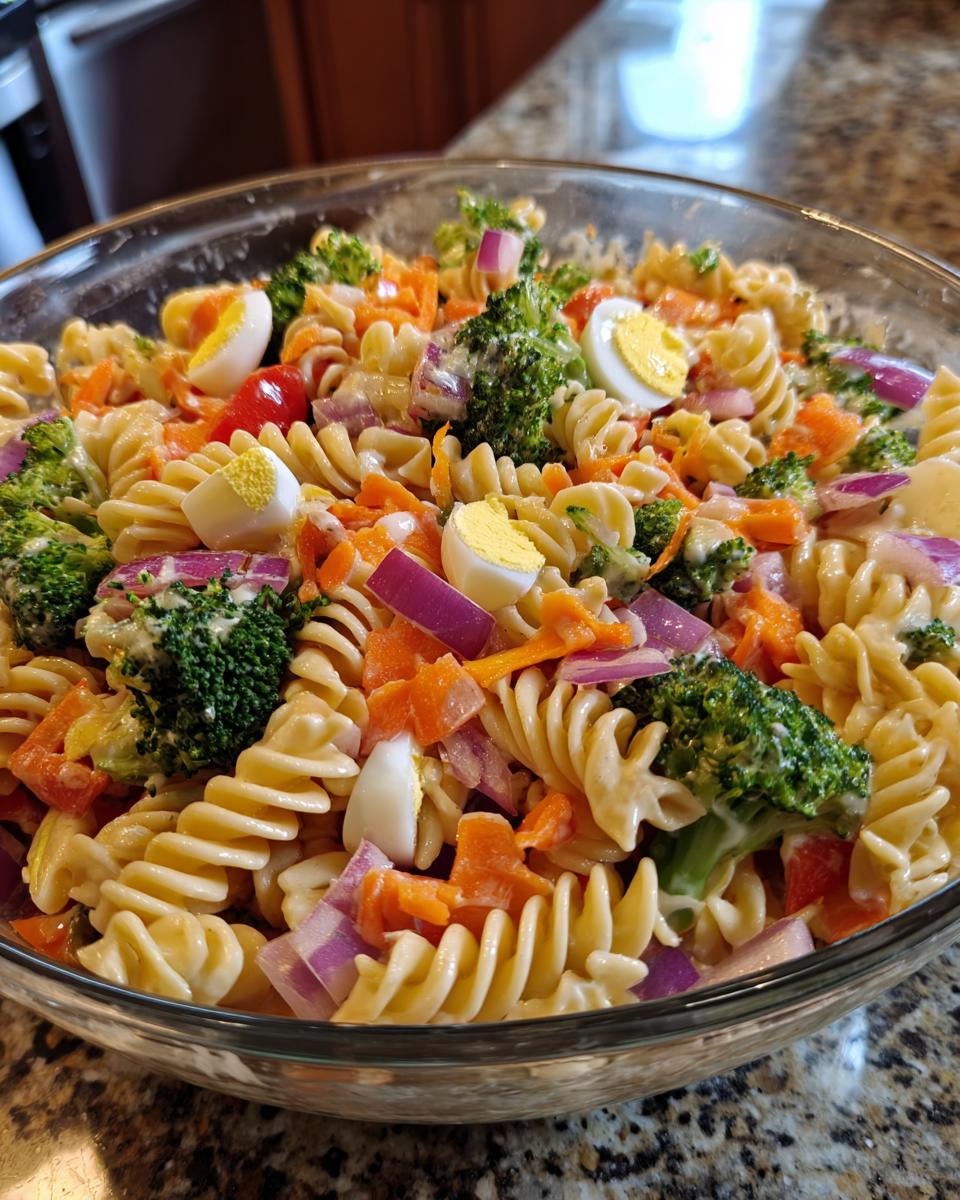 Amazing Pasta Salad Easter: 100% Delicious Flavor 9 Close-up of a bowl of pasta salad for Easter, with pasta, broccoli, carrots, red onion, and eggs.