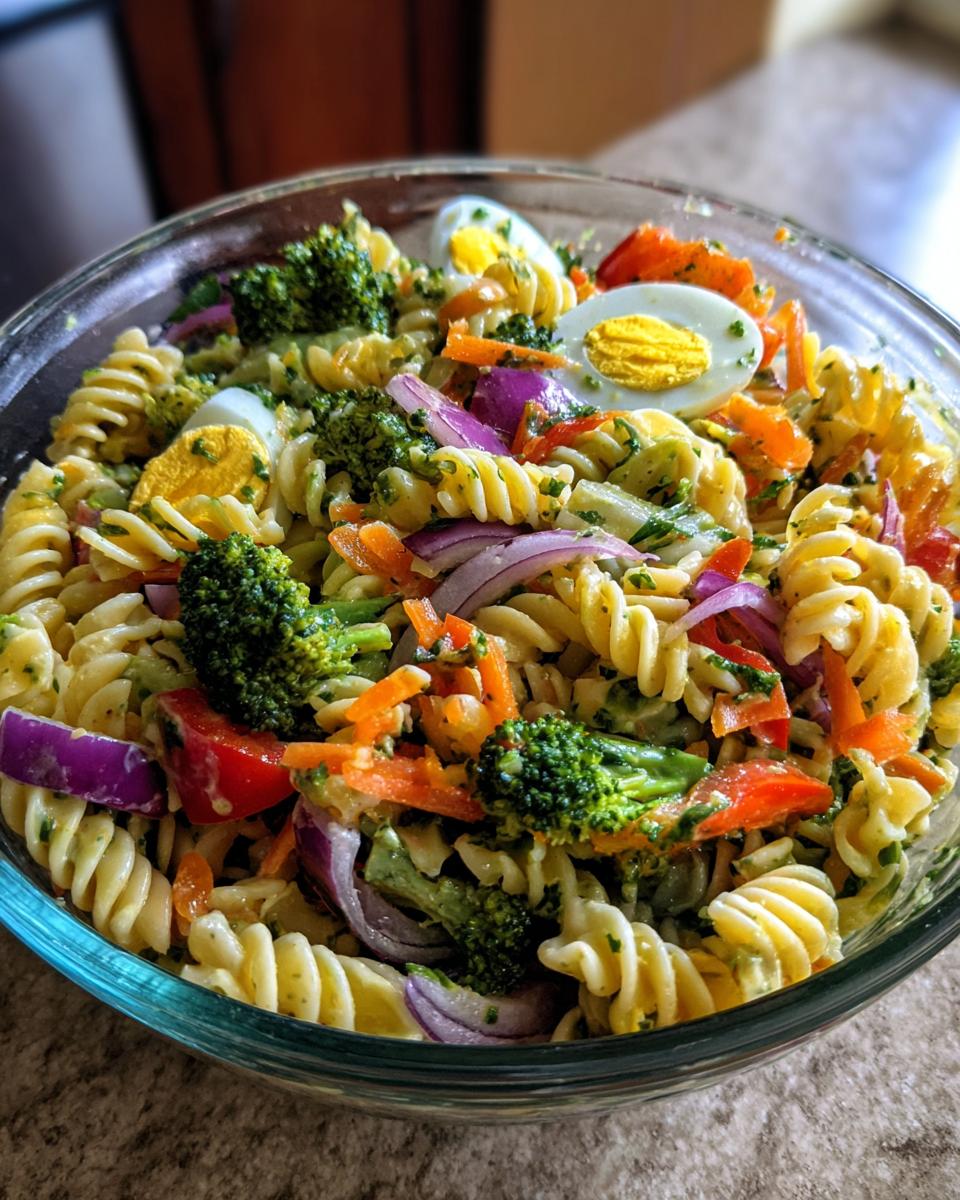 Amazing Pasta Salad Easter: 100% Delicious Flavor 10 Close-up of a pasta salad Easter dish with pasta, vegetables, and eggs in a glass bowl.