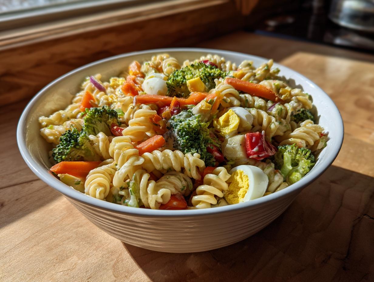 Bold Pasta Salad Easter: 1 Sunshine Bowl 6 A colorful bowl of pasta salad Easter with fusilli pasta, vegetables, and hard-boiled eggs.