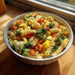 Bold Pasta Salad Easter: 1 Sunshine Bowl 11 Close-up of a vibrant pasta salad Easter bowl with rotini pasta, vegetables, and eggs.