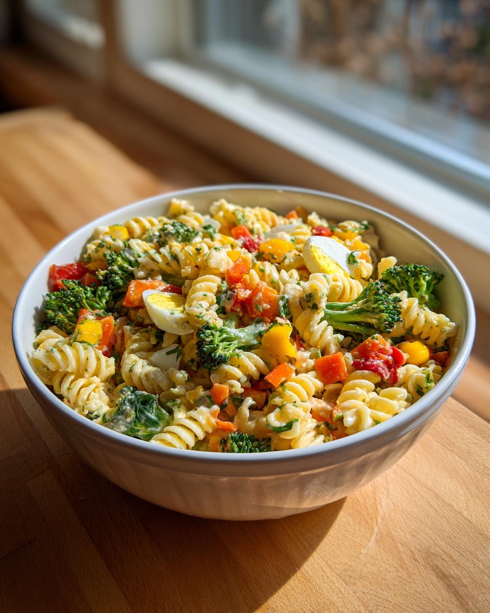 Bold Pasta Salad Easter: 1 Sunshine Bowl 7 A bowl of colorful pasta salad Easter with vegetables and eggs.