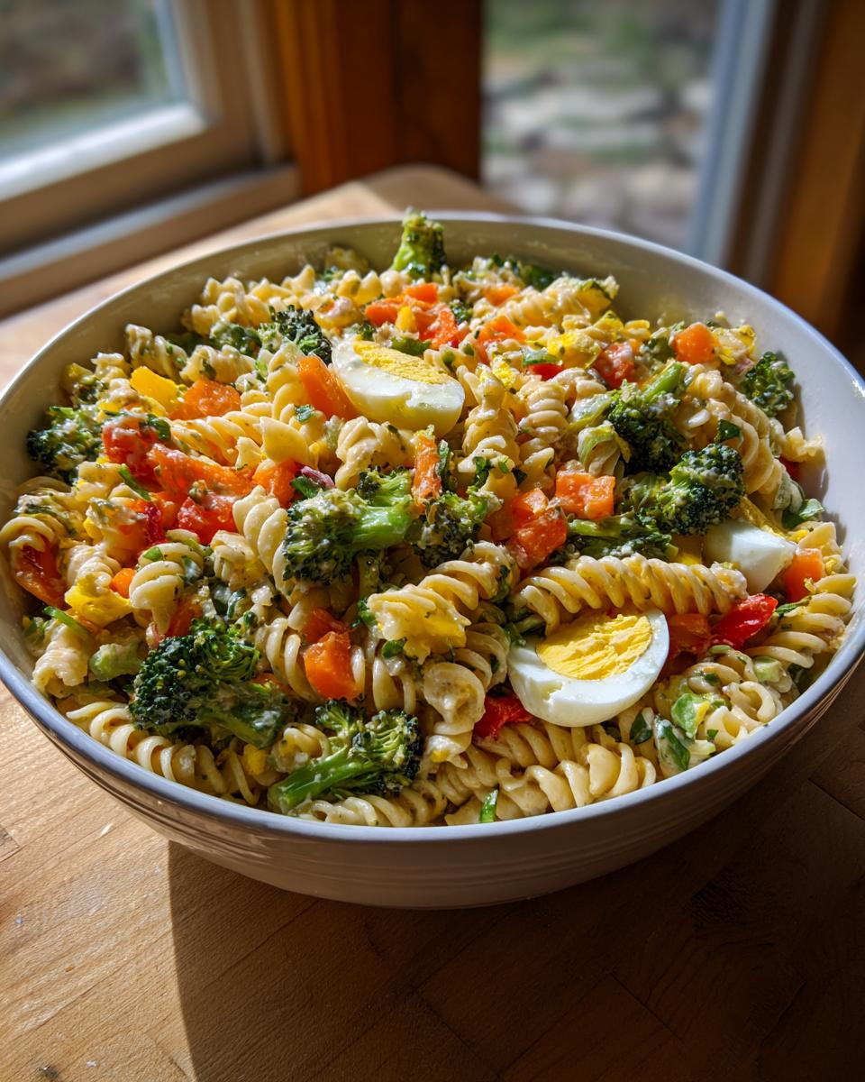 Bold Pasta Salad Easter: 1 Sunshine Bowl 8 A vibrant bowl of pasta salad Easter with rotini pasta, vegetables, and hard-boiled eggs.